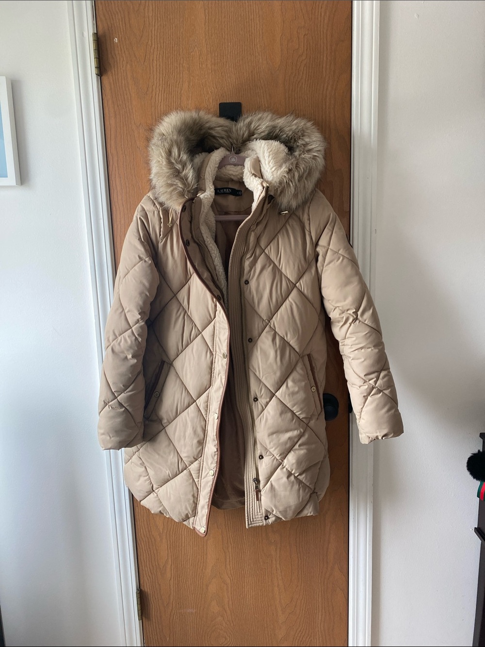 Lauren Ralph Lauren Beige Quilted Hooded Puffer Coat with Faux-Fur Trim